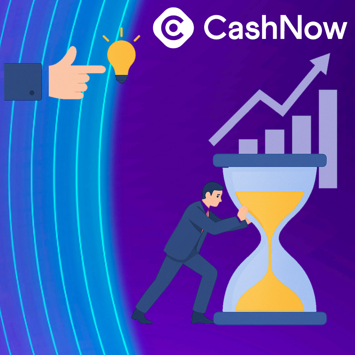 illustration sur fond violet d'un business man en train de pousser un sablier