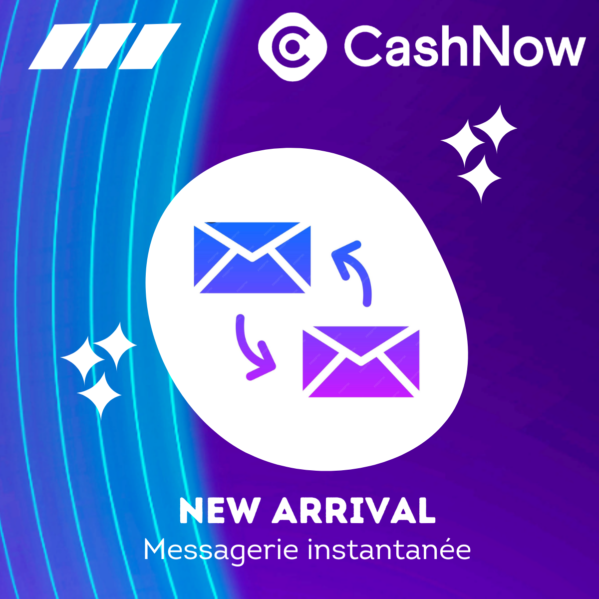représentation sur fond violet de la nouvelle messagerie instantanée de cash now
