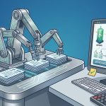 Illustration en ligne d'un processus automatisé de gestion des créances avec un bras robotique traitant des factures, relié à un cloud, un écran de contrôle et une calculatrice