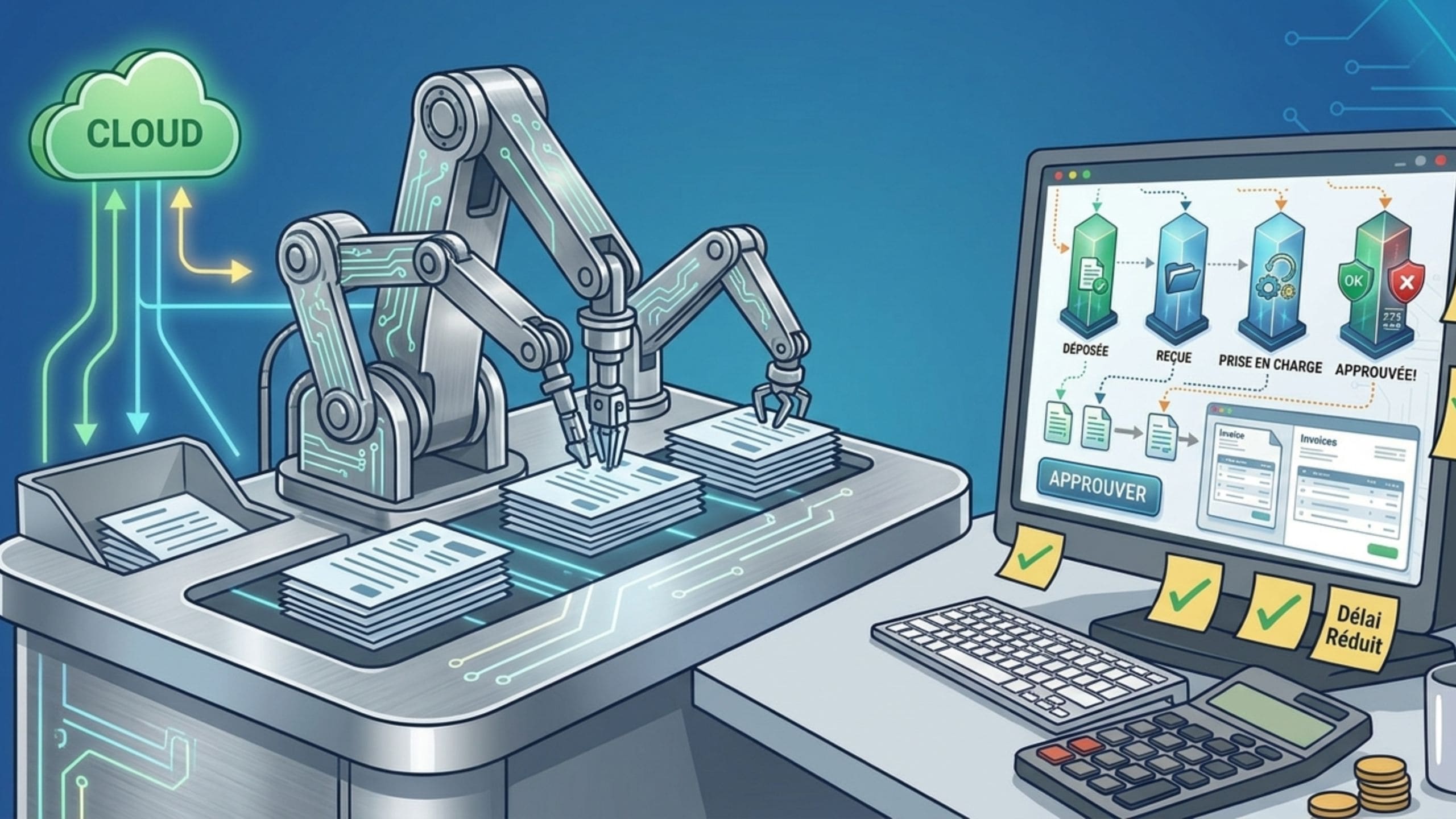 Illustration en ligne d'un processus automatisé de gestion des créances avec un bras robotique traitant des factures, relié à un cloud, un écran de contrôle et une calculatrice