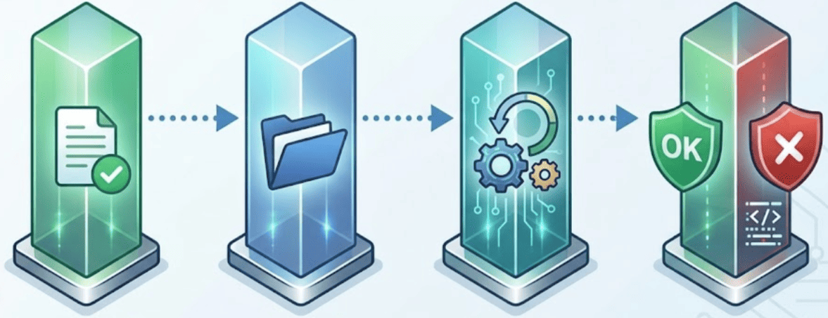 Schéma du cycle de vie sécurisé d'une facture : de la création et du stockage au traitement automatique, se terminant par une validation "OK" ou un rejet instantané