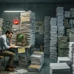 Illustration d'un employé stressé entouré de piles géantes de documents dans un bureau sombre, avec un radar ancien et des gyrophares rouges symbolisant la détection tardive des risques financiers.