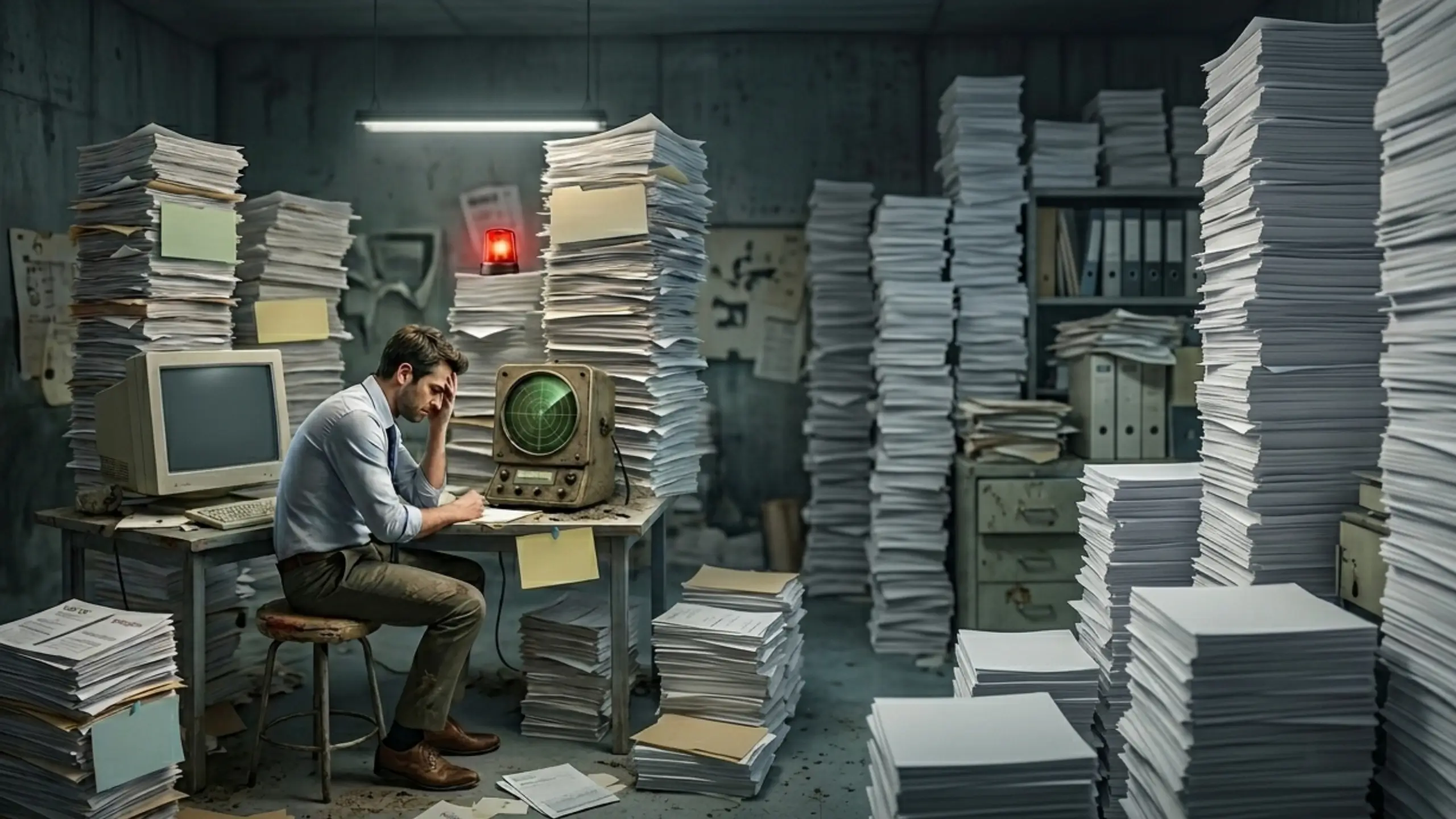 Illustration d'un employé stressé entouré de piles géantes de documents dans un bureau sombre, avec un radar ancien et des gyrophares rouges symbolisant la détection tardive des risques financiers.