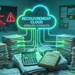 bureau d'entreprise submergé par des piles de factures et de dossiers de recouvrement étiquetés en français, sous un grand panneau au néon vert affichant "RECOUVREMENT CLOUD"