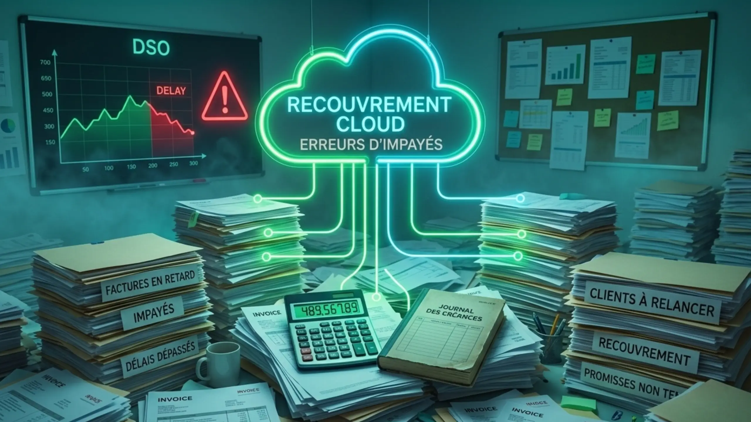 bureau d'entreprise submergé par des piles de factures et de dossiers de recouvrement étiquetés en français, sous un grand panneau au néon vert affichant "RECOUVREMENT CLOUD"