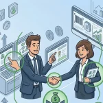 illustration isométrique de deux professionnels, un homme et une femme, qui se serrent la main, entourés de graphiques financiers, de pièces de monnaie et d'icônes de données vertes sur un fond bleu avec un motif de grille