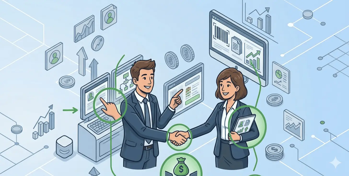illustration isométrique de deux professionnels, un homme et une femme, qui se serrent la main, entourés de graphiques financiers, de pièces de monnaie et d'icônes de données vertes sur un fond bleu avec un motif de grille