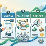 Infographic presenting 5 levers to improve DSO: contracts, invoicing, follow-up, dispute management, and collaborative dashboard.
