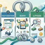 Infographie épurée présentant 5 leviers pour améliorer le DSO : contrats, facturation avec FAE, suivi de relance, gestion des litiges et tableau de bord collaboratif.