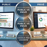 Infographie comparative de CashNow montrant la différence entre le recouvrement public (à gauche, avec le circuit Chorus Pro) et le recouvrement privé (à droite, avec un tableau de bord d'entreprise), reliés par le connecteur Chorus Pro.